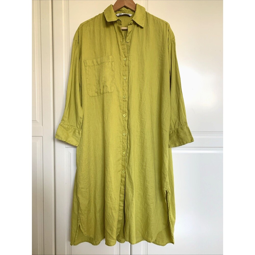 ZARA Dress Linen Oversize Shirtdress Button Front Long Sleeve Chartreuse XS